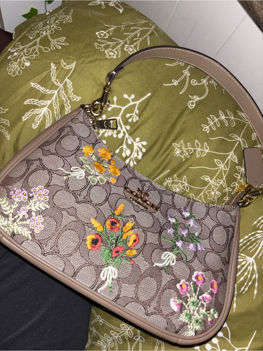Coach Taupe Signature Floral Embroidered Shoulder Bag